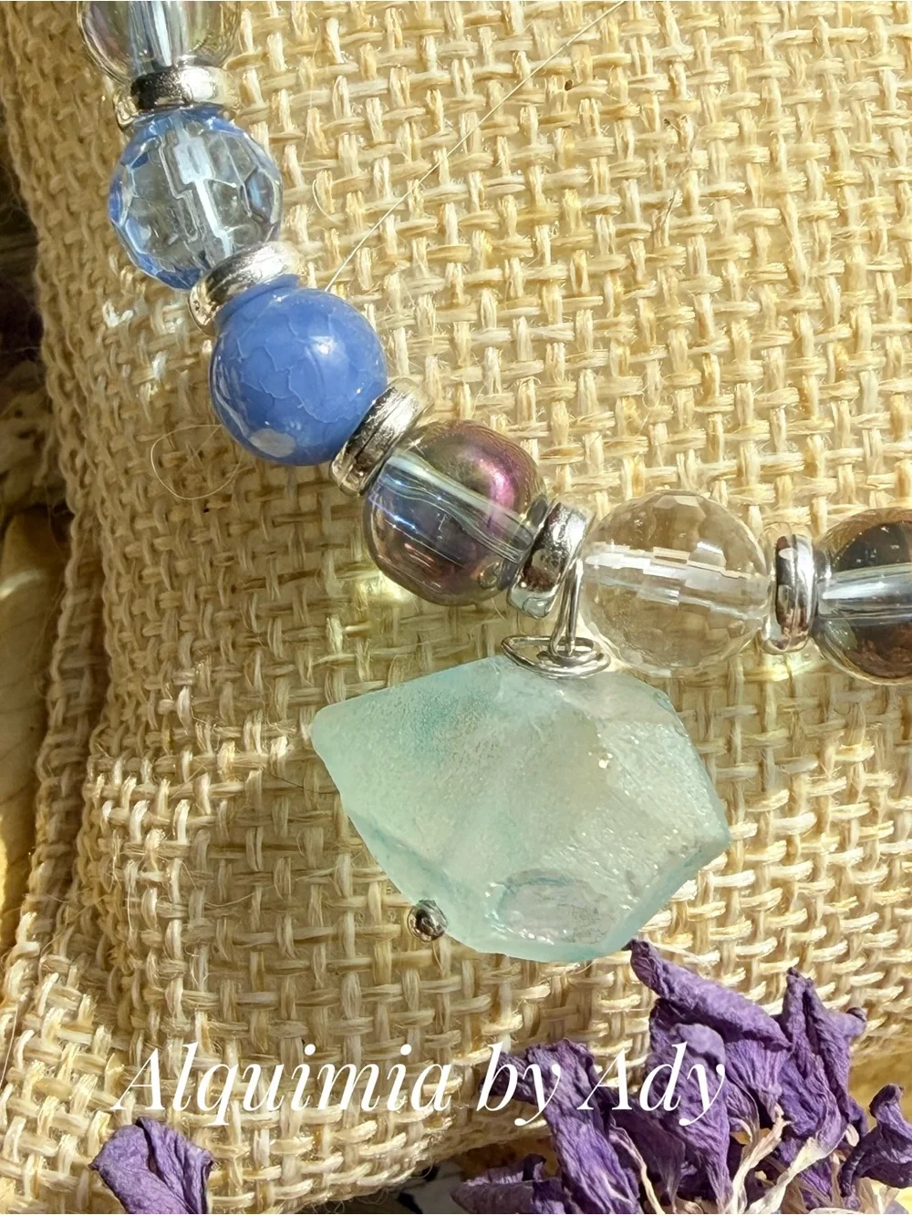 Light Blue gemstones Beaded Bracelet with Aquamarine Charm
